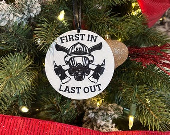 Brandweerman, kerstornament First In & Last Out, 3D-geprint met plastic