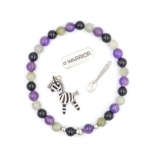 Chronic Illness Spoonie Chakra Bracelet. Amethyst, Labradorite & Black Agate Healing Crystals. Warrior, Spoon or Zebra Charm. Endometriosis