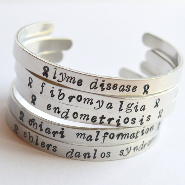 Chiari Malformation Awareness Cuff Bracelet. Customised Medical ID Bangle. Caring Chiari Gift, Self Care. Handstamped Jewellery.