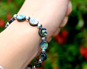 Abalone Shell Beaded Bracelet - Natural Paua & Stainless Steel. Valentine’s Day Gift