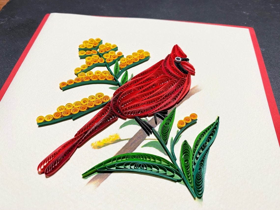 Cardinal Quilling Card Handmade Quilled Christmas Card Etsy