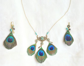 Peacock Feather Jewelry Set: Bohemian Necklace Earrings