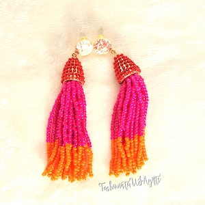 Beaded Tassel Earrings: Fuchsia, Orange, Red Boho Statement Jewelry