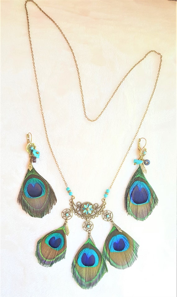 Peacock feather necklace and earrings best sale set