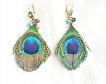 Peacock Feather Earrings Turquoise stone Wooden bead Antique Gold Charm Earring, Peacock Jewelry