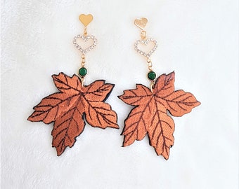 Maple Leaf Earrings, Fall Earrings, Autumn Jewelry, Embroidered Rhinestone Heart Gold Stud