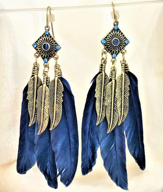 Blue Feather Earrings Bohemian Long Dangle Boho Ea