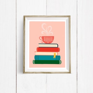 Stack of Books & Mug of Tea / Coffee Cup -  8x10 Wall Print - Colorful, Pink, Green, Blue, Coral, Yellow - Archival Paper