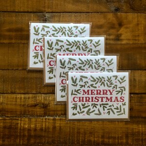 4 Pack - Merry Christmas Greeting Cards - A2, Blank Inside - Hand-Lettered & Illustrated - Cotton Paper, Tree Free | Winter, Christmas, Pine