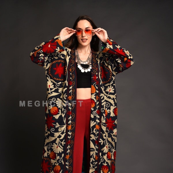 Hand Embroidered Suzani Kimono Long Jacket - Indian Embroidered Suzani Jacket Long Coat, Women's Overcoat, Winter Fashion Wear Suzani Jacket