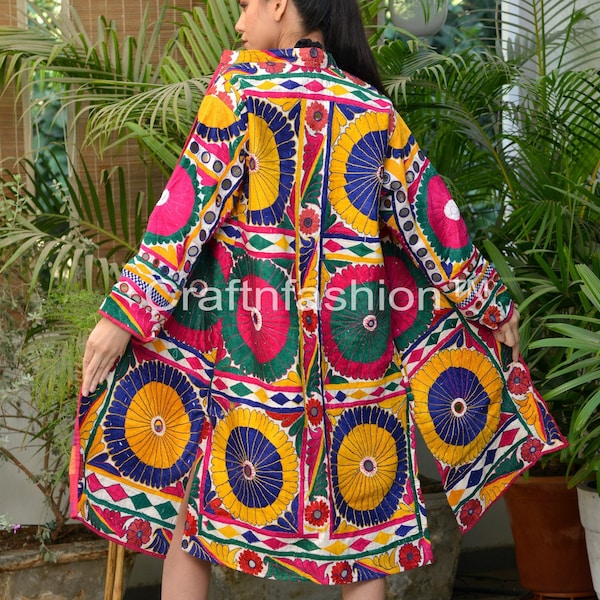 Boho Hippie Embroidered Handmade Coat -Multi color Vintage Handwork Banjara Jacket Long -Gujarati Nomadic Tribal Long Coat