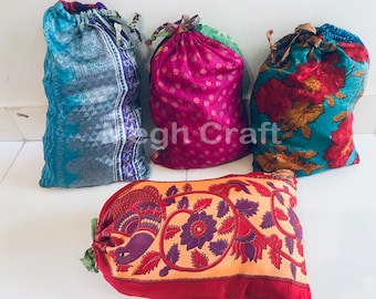 WHOLESALE LOT (20 -200pcs) Vintage Recycled Sari Silk Drawstring Bag-Upcycled Silk Bag-Wholesale Shopping Bag-Give away bags-Silk Gift Bags