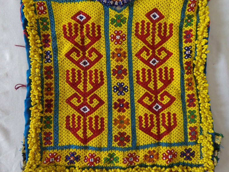 Vintage Tribal Gypsy Afghani Patch Beaded Kuchi Dress Yoke Neck-Banjara Bohemian Hippie Boho Beaded Kuchi Patch Afghani Yoke Neck Patch