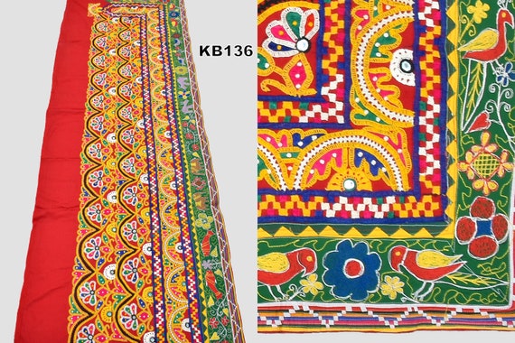 Vintage Traditional Hand Embroidered Lace-Parrot Design Embroidery Bohemian Multicolored Mirror Work Lace-Handmade Banjara Costume Patch