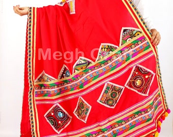 Kutch Embroidery Pom Pom Dupatta - Women's Fashion Wear Navratri Choli Dupatta - Vintage Rabari Embroidery Patches - Colorful Pom Poms