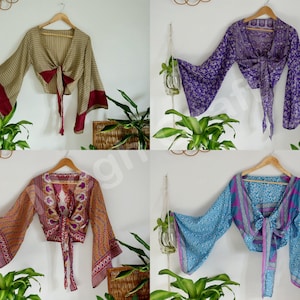 Wholesale Lot Assorted Bell Sleeve Tie tops - Vintage Recycled Silk Sari Tie tops - Upcycled Silk Bell Sleeve Tie-Beach wear-Boho fashion