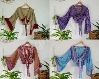 Wholesale Lot Assorted Bell Sleeve Tie tops - Vintage Recycled Silk Sari Tie tops - Upcycled Silk Bell Sleeve Tie-Beach wear-Boho fashion