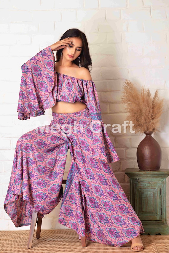 Bohemian Silk Bell Sleeve Tube Top Trouser Set vintage Silk Sari Palazzo Trouser off Shoulder Top wide Leg Trouser boho Fashion street Wear Etsy UK