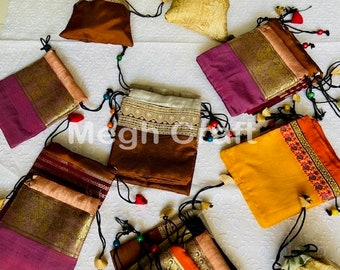 2021 WHOLESALE LOT of Recycle silk sari bags(50-500)-Wholesale lot Jewellery pouches-Drawstring style market bags lot-Banarasi Silk Bags