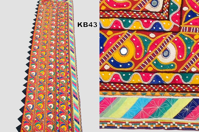 Vintage Traditional Hand Embroidered Lace-Parrot Design Embroidery Bohemian Multicolored Mirror Work Lace-Handmade Banjara Costume Patch