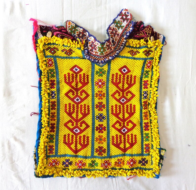 Vintage Tribal Gypsy Afghani Patch Beaded Kuchi Dress Yoke Neck-Banjara Bohemian Hippie Boho Beaded Kuchi Patch Afghani Yoke Neck Patch