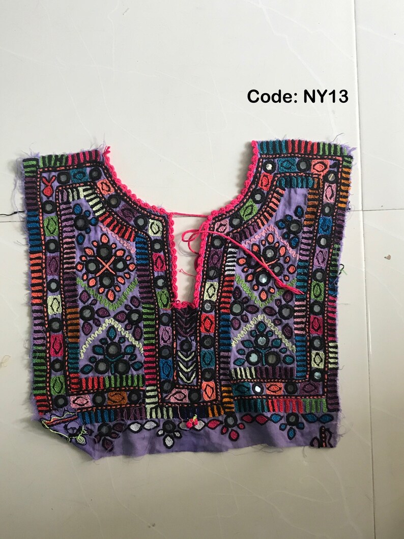 Vintage Handmade Boho Patch Sindh Hand Embroidery Patches Mirror Work Neck Yoke Traditional Gujarati Neck Patch Navratri Dress Yoke