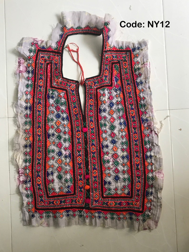 Vintage Handmade Boho Patch Sindh Hand Embroidery Patches Mirror Work Neck Yoke Traditional Gujarati Neck Patch Navratri Dress Yoke