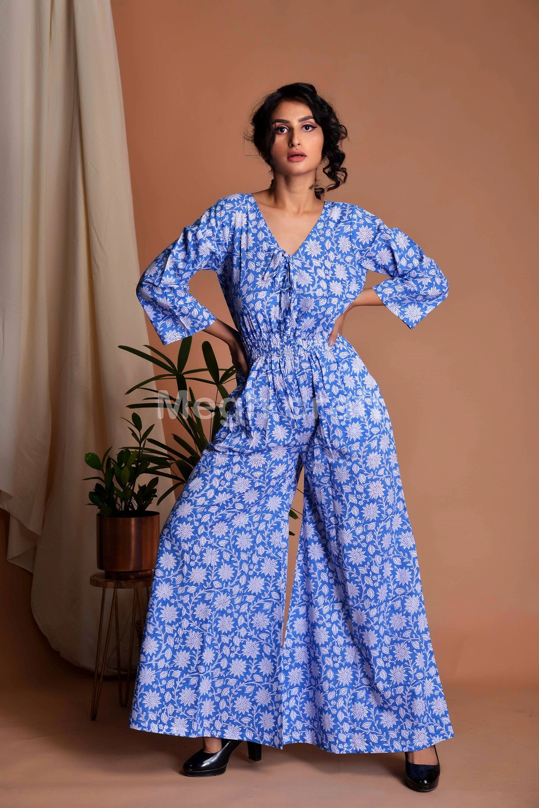Navy Print Spaghetti Jumpsuit / Romper  - L ~~~