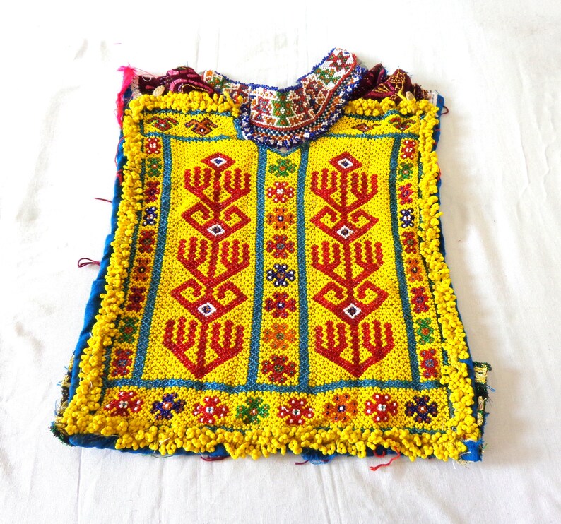 Vintage Tribal Gypsy Afghani Patch Beaded Kuchi Dress Yoke Neck-Banjara Bohemian Hippie Boho Beaded Kuchi Patch Afghani Yoke Neck Patch