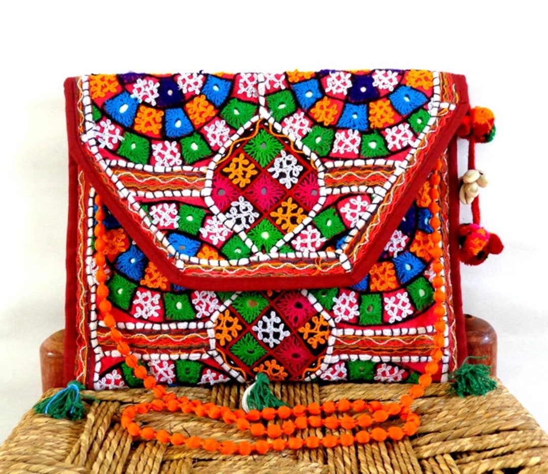 SriShopify Women's Handbag Banjara Traditional Pot Bag, Hand Purse, Cotton  handmade Small Tote, Mirror Beads and Thread Work Handcrafted Pouch for  women and girls