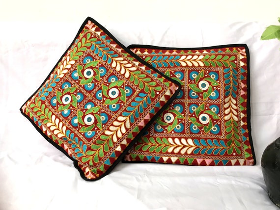 Indian Vintage Throw Mirror work Embroidered Decor Pillow Cushion Cover Art 16/"