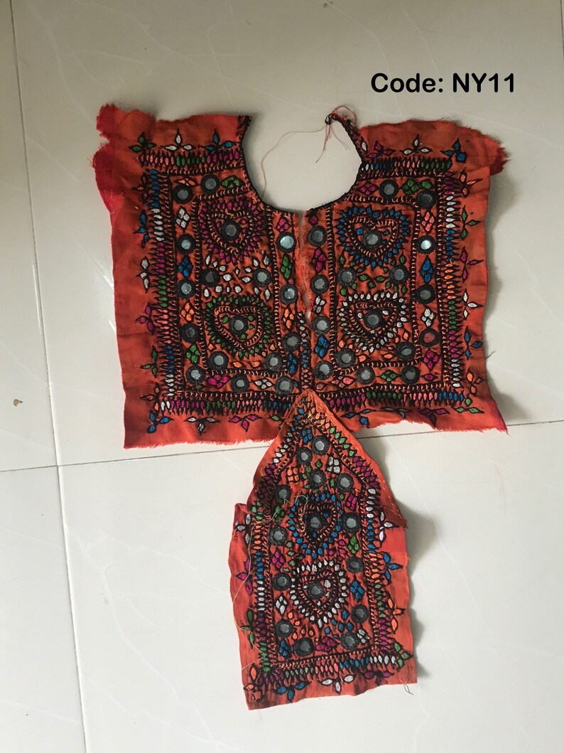 Vintage Handmade Boho Patch Sindh Hand Embroidery Patches Mirror Work Neck Yoke Traditional Gujarati Neck Patch Navratri Dress Yoke