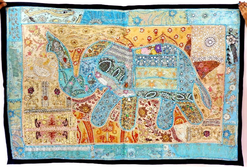 Handmade Embroidery work Unique Patchwork Elephant Design Hand Stitch Bed Cover Jeepsy Banjara Ethnic Tapestry Art