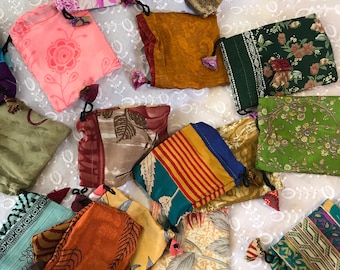 WHOLESALE LOT of Recycle Vintage silk sari bags(50-200)-Wholesale lot Jewellery pouches-Drawstring style market bags lot-Vintage saribag