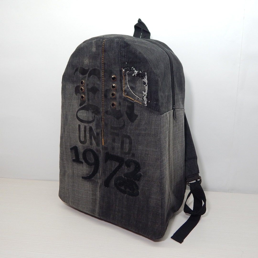 Black Denim Backpack Upcycled Backpack Embroidered. Jeans Backpack