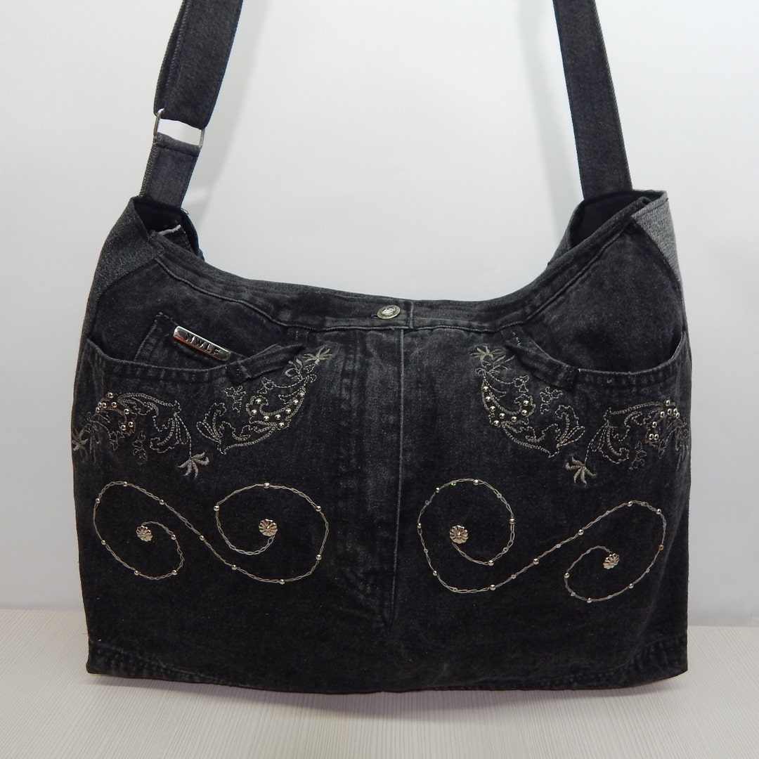 Black Denim Crossbody Bag Upcycled Large Women Crossbody Purse Etsy