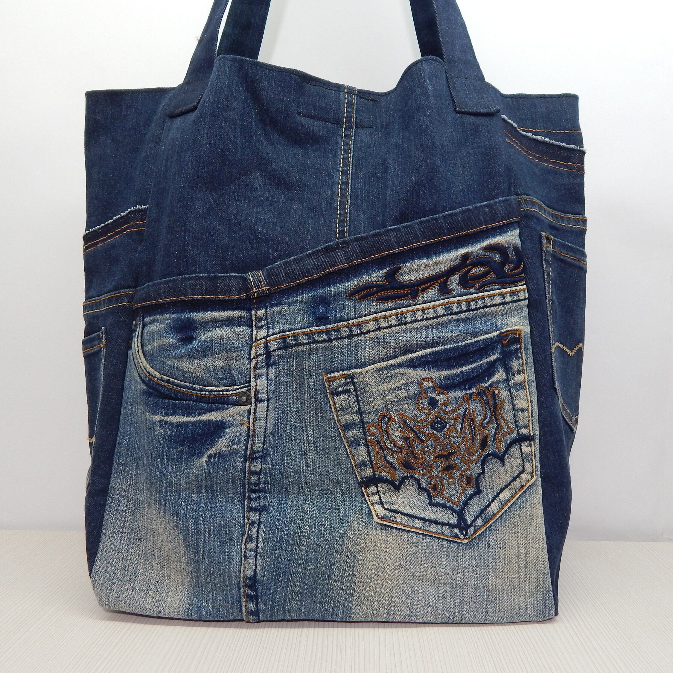 Upcycled Denim Tote Bag With Pockets Large Shopping Bag Tote 