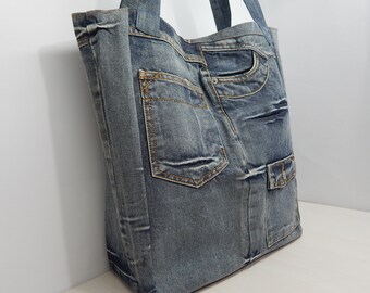 Jeans shoulder bag with pockets  Upcycled denim tote bag Handmade denim bag Jeans shopper