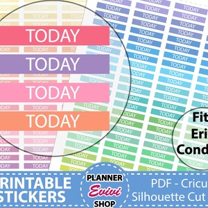 Puede incluir: Pegatinas imprimibles "TODAY" en una variedad de colores pastel. Las pegatinas están dispuestas en filas y columnas, con cada pegatina que presenta la palabra "TODAY" en texto blanco. Las pegatinas están diseñadas para adaptarse a los planificadores Erin Condren.