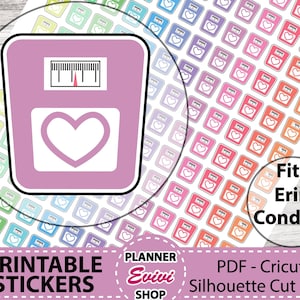 May include: Printable planner stickers featuring a scale design with a heart and a weight indicator. The stickers are in various colors, including pink, purple, orange, and green. The text "Fits Erin Condren" is also visible.