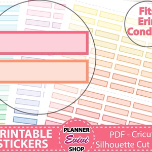 May include: Printable planner stickers in a variety of pastel colours. The stickers are designed to fit Erin Condren planners. The text "Printable Stickers" and "PDF - Cricut Silhouette Cut Files" is visible on the image.