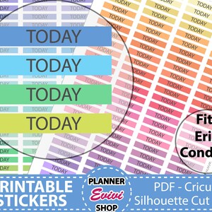 May include: Printable planner stickers with the word "TODAY" in various colors and sizes. The stickers are designed to fit Erin Condren planners.