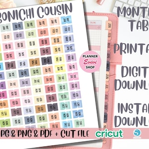 Pestañas mensuales de Hobonichi Cousin, pegatinas de planificador imprimibles, pegatinas de Bullet Journal, se adapta a las semanas de Hobonichi, JPG/PNG/PDF-Archivo recortado, descarga instantánea