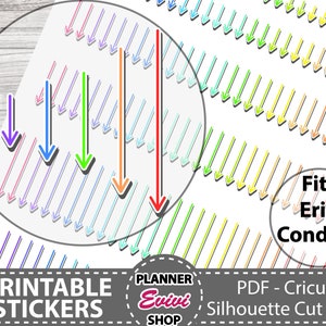 Könnte beinhalten: Druckbare Planer-Aufkleber mit bunten Pfeilen in verschiedenen Farbtönen. Das Design enthält den Text "Fits Erin Condren" und "Printable Stickers". Die Aufkleber sind für PDF-, Cricut- und Silhouette-Schneidedateien konzipiert.