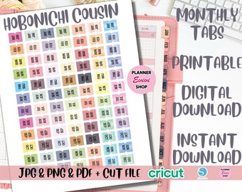 Hobonichi Cousin Monthly Tabs, Printable Planner Stickers,Bullet Journal Stickers,Fits Hobonichi Weeks,JPG/PNG/PDF-Cut File,Instant Download