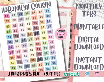 Hobonichi Cousin Monthly Tabs, Imprimable Planner Stickers, Bullet Journal Stickers, Fits Hobonichi Weeks, JPG/PNG/PDF-Cut File, Instant Download