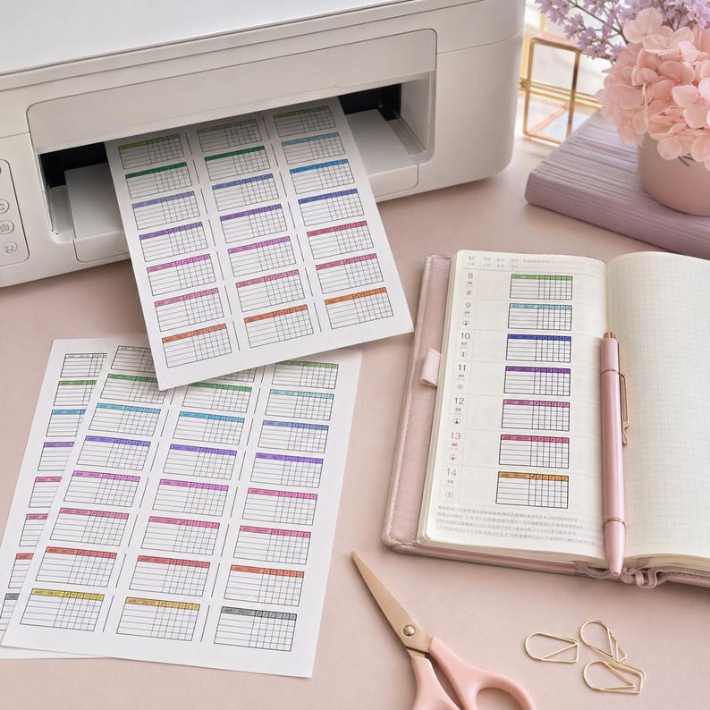 Puede incluir: Una impresora blanca imprimiendo hojas de pegatinas de calendario coloridas. Un cuaderno rosa con un bol&iacute;grafo, tijeras y clips est&aacute; sobre una superficie rosa claro. Las pegatinas de calendario tienen un dise&ntilde;o de cuadr&iacute;cula con cuadros de varios colores.