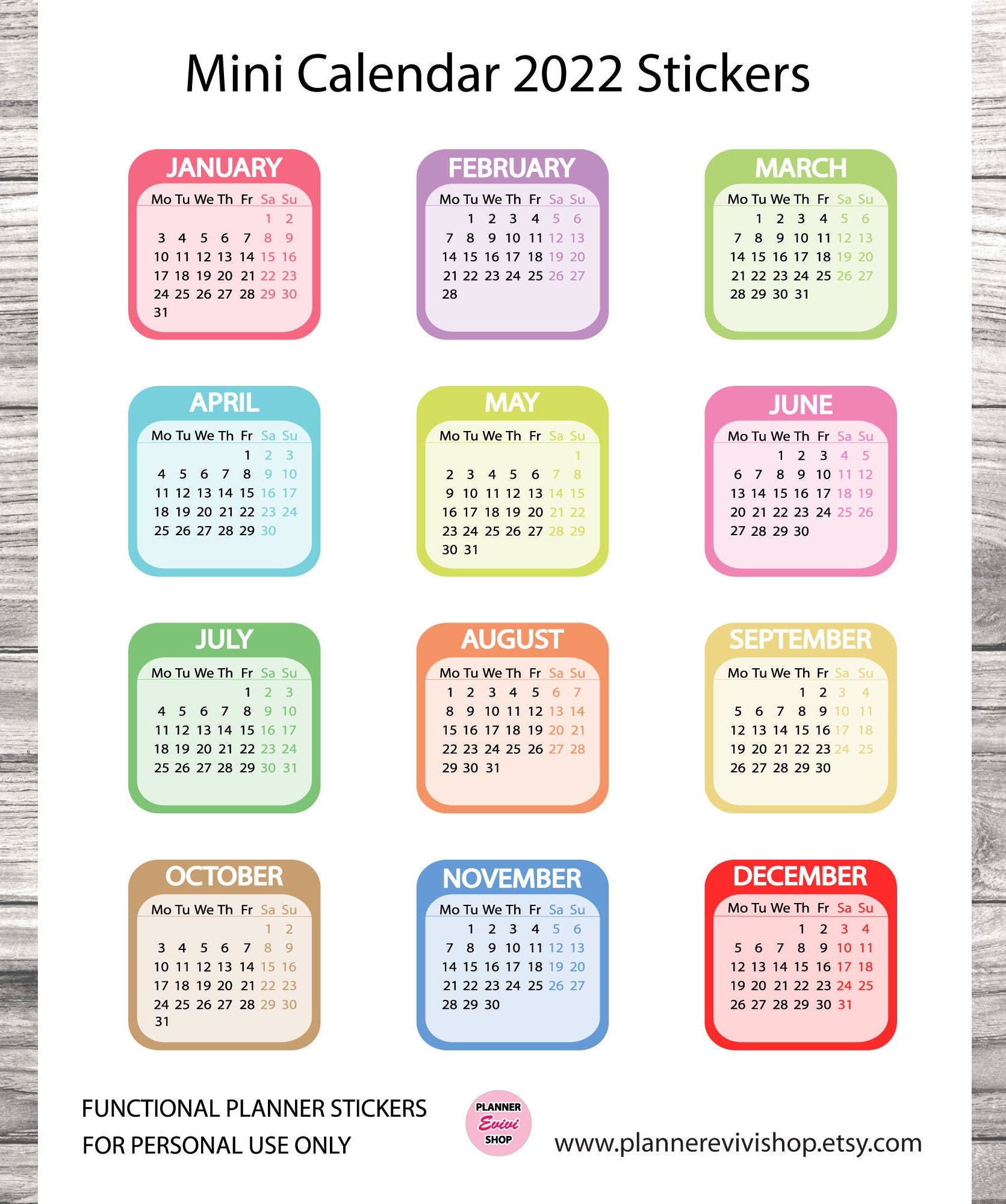 mini calendar 2022 printable planner stickerscut fileserin etsy