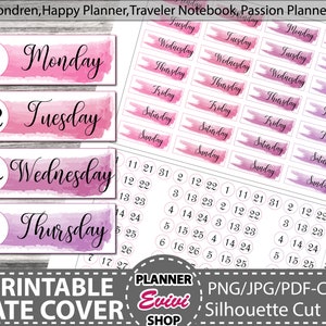 Date Cover Printable Planner Stickers, Watercolor Stickers, Days of The Week Stickers, Date Stickers, Erin Condren Planner Sticker