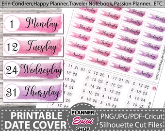 May include: Printable watercolor-style date cover stickers for a planner. The stickers feature the days of the week and numbers 1, 12, 24, and 31. The stickers are in shades of pink and purple.